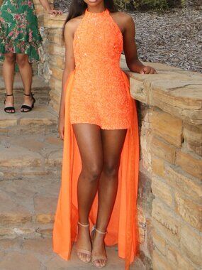 Sherri Hill Neon Orange Halter Sequin Romper with Custom Tulle Half Skirt/Train